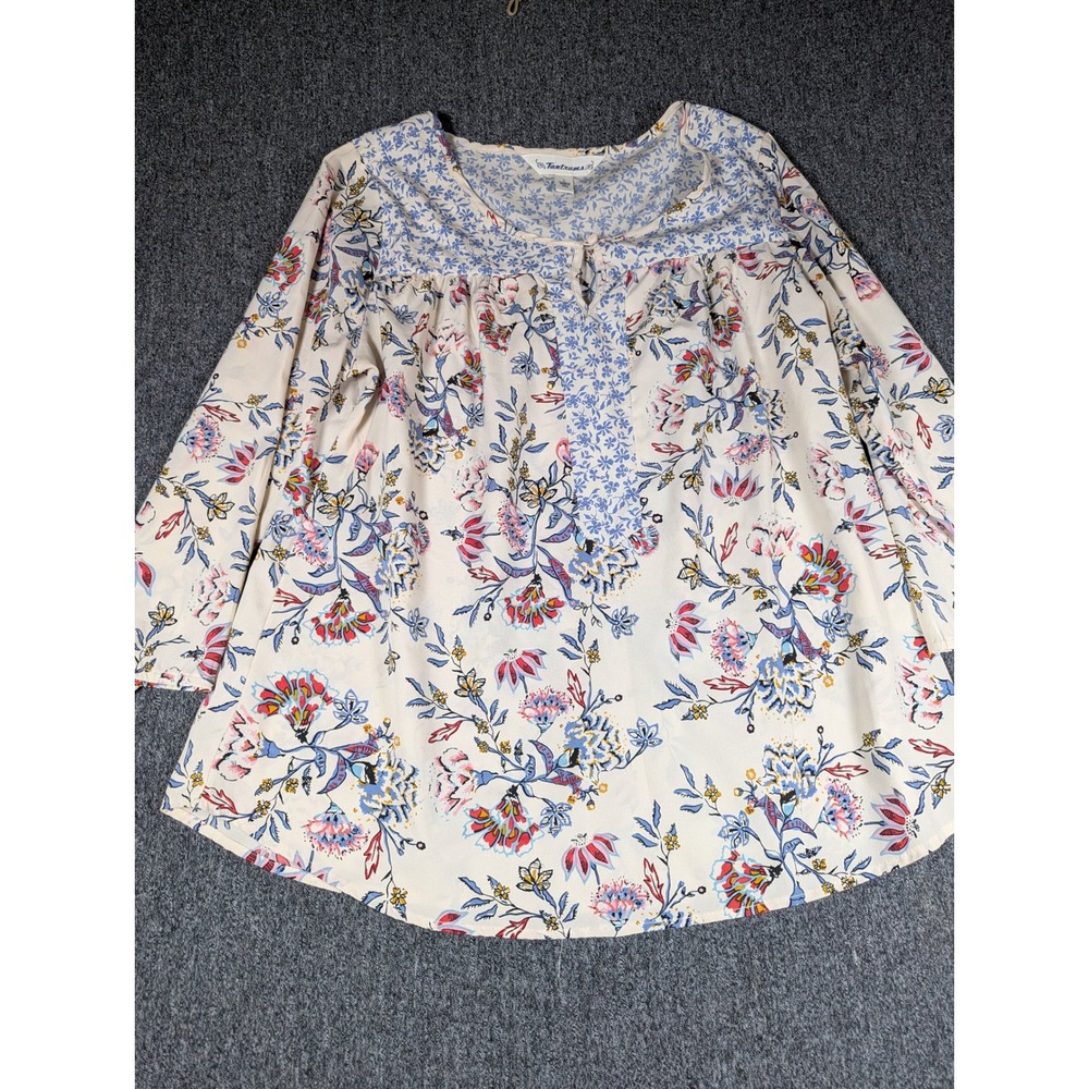 Tantrums Women Floral Peasant Blouse Cream Blue Mixed Print Long Sleeve Large